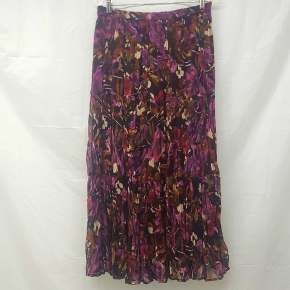 Purple Tiered Maxi Skirt Moody Floral Print Lined Whimsigoth Forest Fairy - Picture 1 of 10